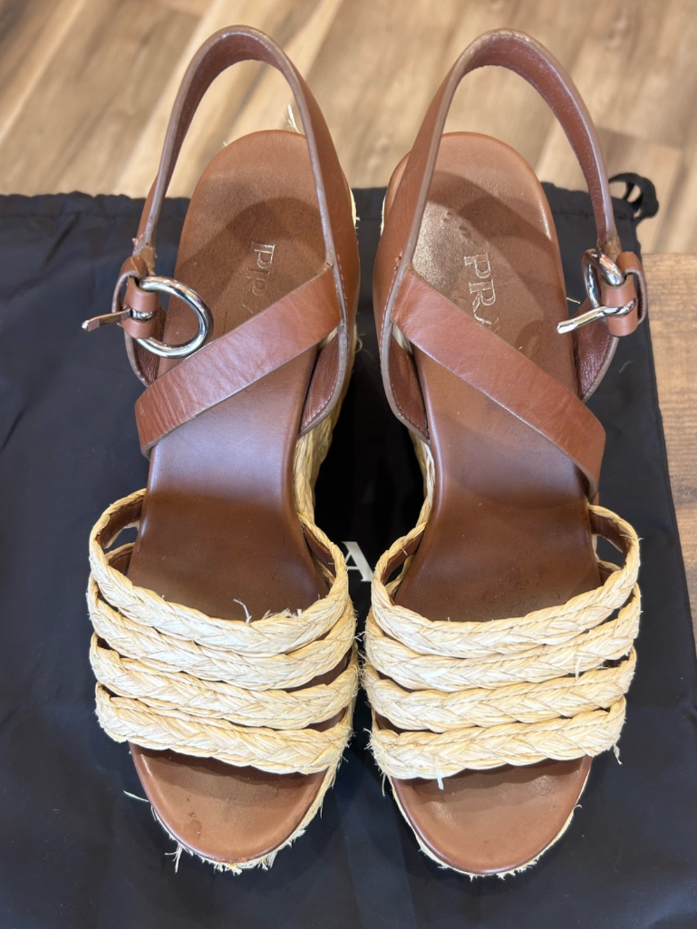 Prada Leather and Woven Raffia Espadrille Wedge Sandals - Picture 2 of 7